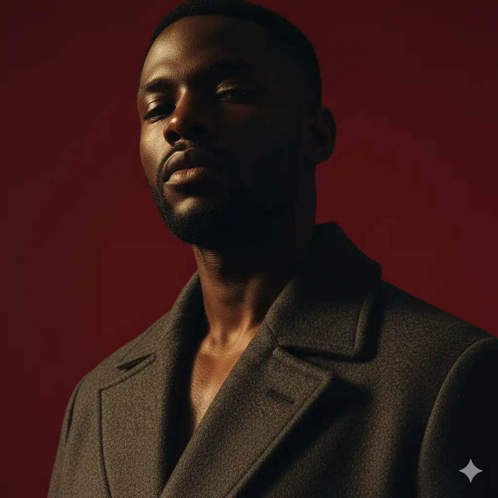 Create a hyperrealistic vertical portrait shot in 1080x1920 format,

characterized by stark cinematic lighting and intense contrast. Captured with a slightly low, upward-facing angle that dramatizes the subject's jawline and neck, the composition evokes quiet dominance and sculptural elegance. The background is a deep, saturated crimson red, creating a bold visual clash with the model's luminous skin and dark wardrobe. Lighting is tightly directional, casting warm golden highlights on one side of the face while plunging the other into velvety shadow, emphasizing bone structure with almost architectural precision.

The subject's expression is unreadable and cool-toned-eyes half-lidded, lips relaxed- suggesting detachment or quiet defiance. The model wears a heavy wool or felt overcoat, its texture richly defined against the skin's smooth, dewy glow. Minimal retouching preserves skin texture and slight imperfections, adding realism. Editorial tension is created through close cropping, tonal control, and the almost oppressive intimacy of the camera's proximity.

There are no props or accessories; the visual impact is created purely through light, shadow, color saturation, and posture - evoking high fashion, contemporary isolation, and hyper-modern masculinity.