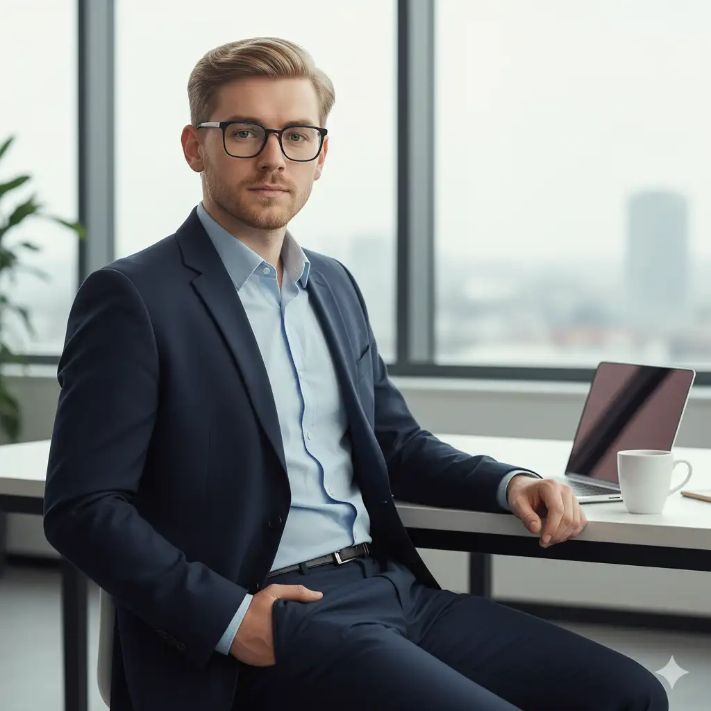 Turn this into a portrait of a stylish man in a slim-fit blazer with no tie, sitting casually at a modern office desk with a laptop, coffee cup, and soft natural light streaming through big windows for a clean professional vibe.