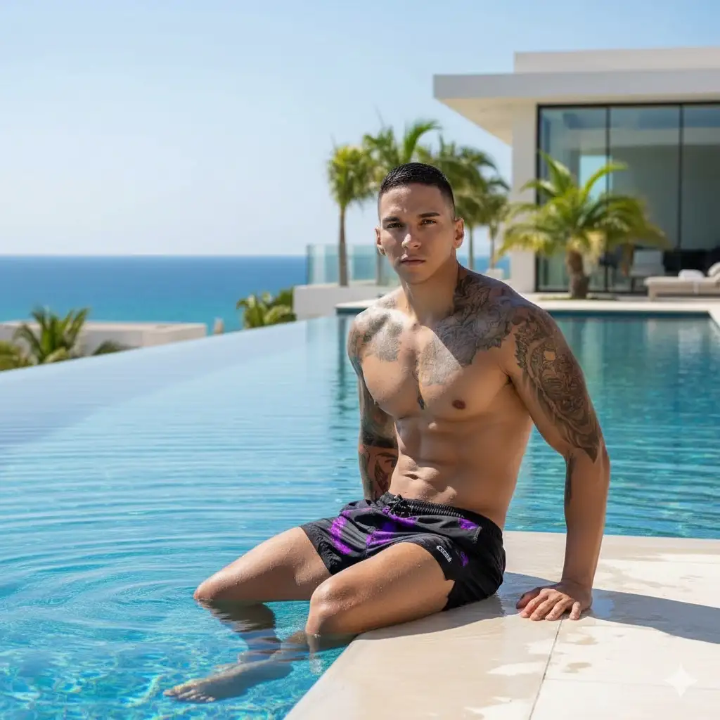 Eres un fotógrafo profesional y realizarás este retrato cinematográfico usando de modelo al sujeto de la foto.
Foto realista, un joven atlético, sentado en el borde de una piscina al aire libre. Lleva bañadores negros con patrones morados , una pierna en el agua, la otra doblada, manos en el borde de la piscina, una toma de alta costura y aspiracional de un joven guapo y atlético. Detrás hay un complejo de lujo junto a la playa, con modernos edificios blancos, cocoteros verdes y en la distancia está el brillante mar azul bajo la luz natural del día. Aire fresco, aireado, estilo cinematográfico, detalles realistas, calidad 8K. Relación de aspecto 9:16