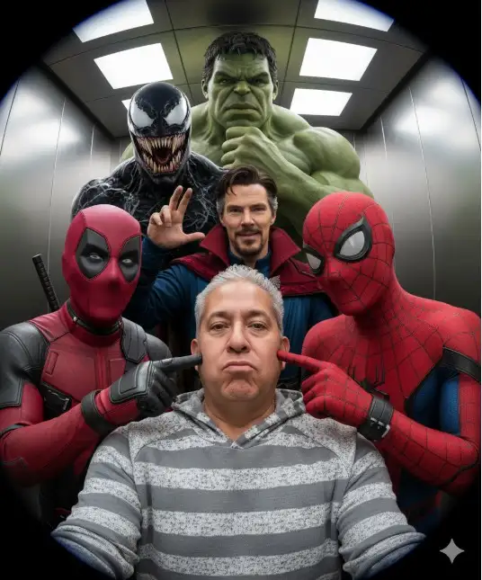 Crea una selfie ultra realista en 3D con formato vertical 9:16 y ojo de pez (usa la imagen proporcionada correctamente) con el hombre araña, Benedict Cumberbatch como Doctor Strange, Mark Rufalo como Hulk, Ryan Reynolds como Deadpool y Tom Hardy como Venom. Todos sonreímos (excepto yo, que tengo una mueca burlona) y me pellizcan la cara juguetonamente, excepto Venom, que siempre está pensativo y serio. La imagen se muestra dentro de un ascensor.