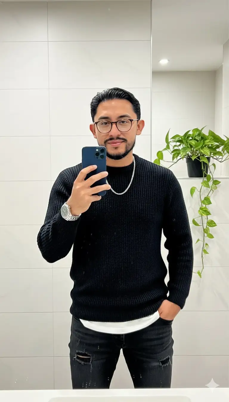 Recrea una foto basado en la imagen de referencia de un hombre elegante se toma una selfie frente al espejo en un baño moderno . Lleva un suéter de punto color negro con un collar de cadena plateado, vaqueros rotos negro y una camiseta blanca que se asoma. Sostiene un IPhone en una mano y posa con naturalidad y una ligera sonrisa. El fondo presenta paredes de azulejos blancos, una planta de interior brillante y otra verde que contrasta. La iluminación suave realza la estética acogedora y moderna, perfecta para un retrato de estilo de vida o de moda." Conserva los rasgos faciales, peinado