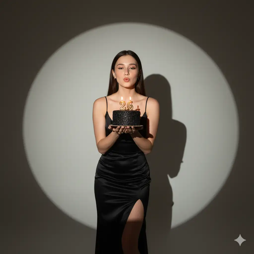 Esta es mi cara. Crea un retrato glamoroso de sesión de fotos de cumpleaños con flash. El telón de fondo es una pared neutra simple iluminada por un foco redondo, proyectando una sombra aguda y dramática detrás de mí para un efecto cinematográfico. Estoy posado de frente , como si soplara la vela de un pastel negro con brillo que sostengo delicadamente con ambas manos, el pastel está cubierto con velas encendidas número 26 su brillo cálido agregando un toque de celebración. Estoy usando un vestido negro satinado ajustado sin mangas con una abertura, creando una sensación de lujo, edición. mientras que mi cabello está muy lacio y largo. Mi expresión es juguetona pero equilibrada, los labios fruncidos como si estuvieran a mitad del soplo, capturando el momento exacto de la magia del cumpleaños. El conjunto es elegante, cinematográfico y moderno --- un equilibrio perfecto entre sofisticación y diversión, estilizado como una campaña de cumpleaños de alta moda.