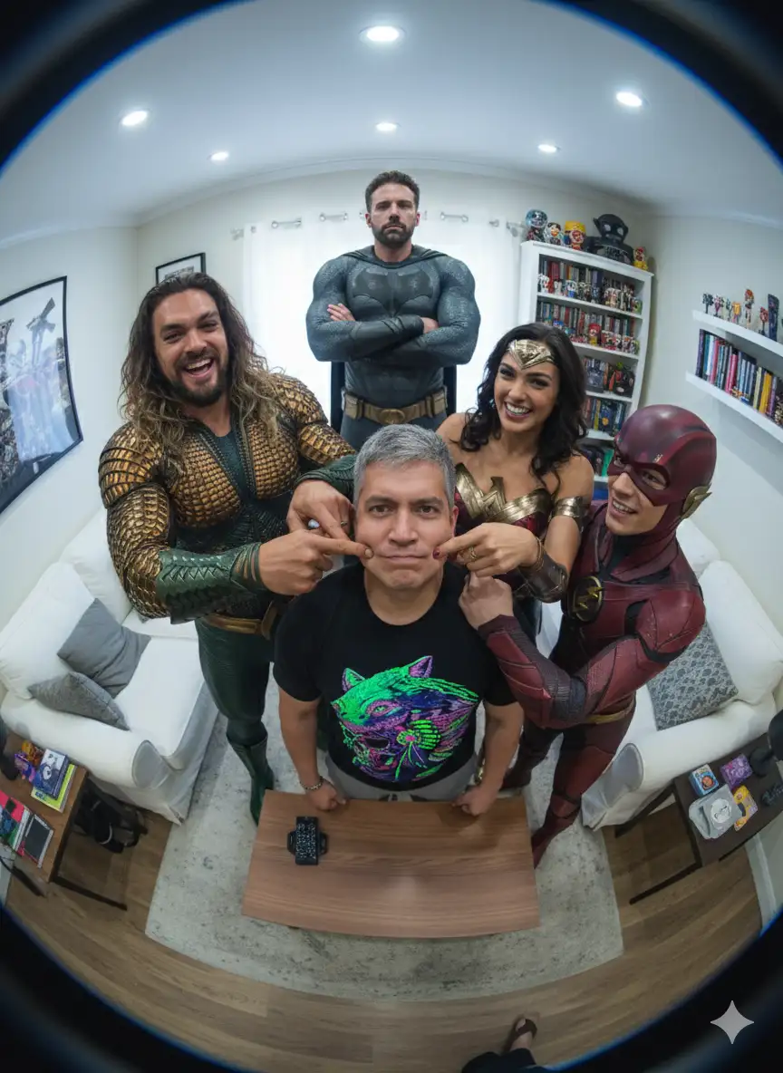 Una selfie hiperrealista en 3D con efecto de ojo de pez, contigo serio pero rodeado de Jason Momoa como Aquaman, Henry Cavill como Superman, Gal Gadot como Wonder Woman y Ezra Miller como Flash, todos sonriendo y pellizcándote la cara de broma. Ben Affleck como Batman, como siempre, sombrío y serio. Todo esto en una pequeña sala de estar iluminada con tonos blancos, con un ángulo de cámara alto y una distorsión extrema de ojo de pez, con iluminación cinematográfica y texturas realistas.