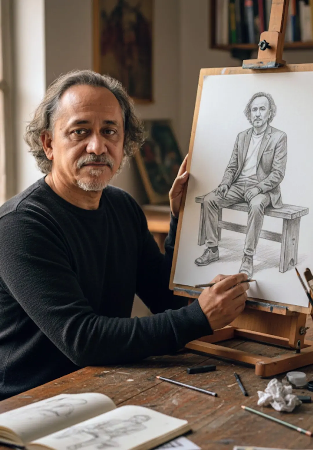 Utilice la imagen enviada como referencia obligatoria. Preservar el 100% de la apariencia de la persona: cara, cabello, ojos, boca, nariz y proporciones faciales inalteradas.
Mejore todo lo que pueda: calidad general, nitidez, textura de la piel, brillo, profundidad, contraste, colores vivos y realismo extremo.
Cree la siguiente escena:
Paisaje / Composición:
Una persona real (la misma que en la foto enviada) está sentada en la mesa de un artista, en una postura segura y enfocada, cuerpo erguido y expresión tranquila, trabajando en un marco que descansa sobre la mesa. Arte de interacción con:
En el lienzo, representa un dibujo en blanco y negro hecho en retratar a la misma persona, en una postura de cuerpo completo, sentado en un banco simple. El dibujo en el lienzo debe verse completamente manual, con: Trazos de grafito texturizado,
Suave, Pliegues detallados del traje, Textura natural del cabello, Auténtico acabado artístico.
Contraste estético opcional:
La persona real debe parecer hiperrealista y animada, mientras que la figura del lienzo debe tener una apariencia claramente ilustrada en grafito, con un marcado contraste visual entre la realidad y el dibujo.
Estándares técnicos:
lluminación realista, colores ricos y vivos.
Texturas mejoradas en todos los elementos (piel, mesa, materiales artísticos). Máximo realismo fotográfico.