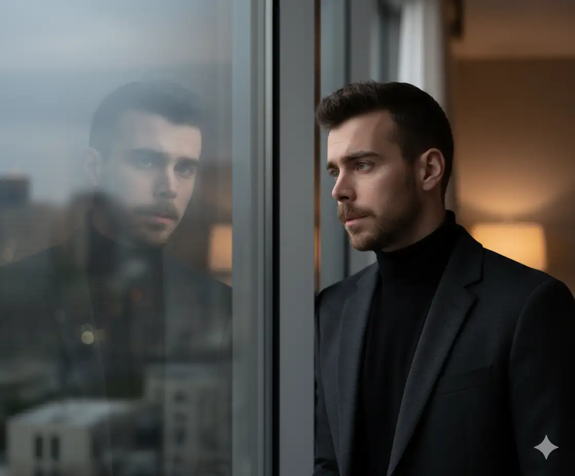 A cinematic close-up portrait of a stylish individual standing by a large glass window, gazing thoughtfully at their reflection. The person wears a black turtleneck sweater layered under a fitted dark blazer, creating a sleek and elegant look. The lighting is soft and natural, coming from the window, gently illuminating one side of the face while casting subtle shadows on the other, emphasizing depth and texture. The background is softly blurred, highlighting the calm and introspective mood of the scene. The reflection in the glass adds a sense of duality and contemplation. The overall atmosphere is moody, sophisticated, and cinematic, with a color palette dominated by neutral tones and soft daylight.