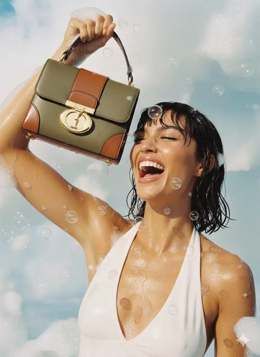 A vibrant, playful Dior advertisement radiating pure Y2K-era glamour and energy. The model, with wet, tousled hair clinging to her face and shoulders, bursts into laughter, exuding carefree sensuality and confidence. Her bronzed skin glistens with water droplets and soap bubbles, creating a look that is at once luxurious and rebellious.

She wears a white halter-style top, slightly soaked, clinging to her figure and catching the light with a soft sheen. In her raised hand, she triumphantly holds a Dior handbag, its structured form contrasting with the chaotic froth of bubbles surrounding her. The bag is designed with olive-green and caramel-brown leather panels, accented with a polished gold metal clasp engraved with the Dior logo—the centerpiece of the ad.

The composition is bold, dynamic, and bursting with movement: foam and bubbles spill across the frame, blending into the background of soft whites and cool blues, creating an almost surreal, dreamlike texture.

The lighting is glossy, high-contrast, and editorial, giving her skin a radiant golden glow while highlighting the rich textures of the bag. The atmosphere feels both glamorous and indulgent, with a hint of irreverent fun—an iconic blend of luxury and playful rebellion, perfectly embodying the Y2K Dior aesthetic.