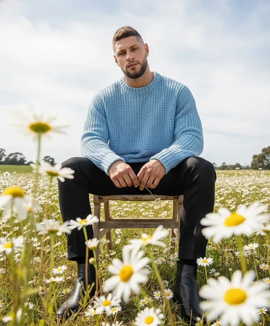 A cinematic high-fashion Vogue editorial photograph, shot from an extreme low angle through clusters of wild daisies in the foreground, their blurred petals and stems framing the composition with natural softness.
the man sits casually on a rustic wooden chair placed in the meadow, his posture confident yet relaxed. His sharp features catch the light as he leans slightly forward, one hand resting on his knee, the other loosely holding a daisy stem. He wears an oversized light-blue knit sweater styled as a bold couture statement, paired with tailored black trousers and sleek boots, blending masculine structure with high-fashion edge.
Shot on Leica SL2 + APO-Summicron-SL 90mm f/2, ISO 100, f/2, 1/250 sec. Vertical 9:16 aspect ratio. An intentional, poetic vision—where masculine strength and feminine elegance meet in the delicate beauty of wild daisies. Don't change facial features