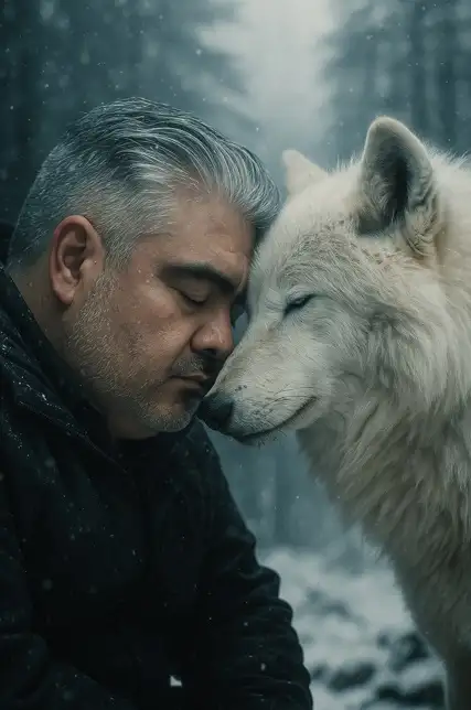 Create a cinematic, emotional portrait of the uploaded person standing forehead-to-forehead with a white Wolf in a snowy wilderness. The person has a gentle, soulful expresión, eyes closed, wearing a dark Winter jacket. The animal looks calm and connected, mirroring the emotion. The background is a soft, misty Winter forest with subtle snowflakes falling. Use soft, dramatic lighting with a shallow Depth of field to créate a touching, heartwarming atmosphere inspired by movie scenes of trust and bond between human and wild