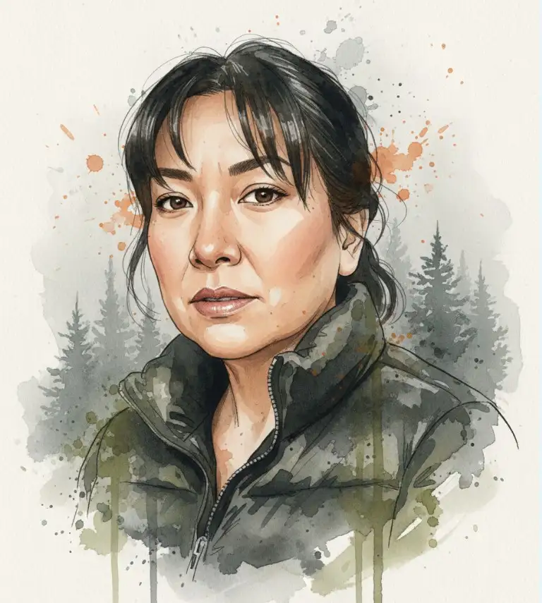 Cree un retrato digital vertical de acuarela y tinta de 9:16 a partir de mi foto en realismo ilustrativo con abstracción pictórica. Primer plano medio (pecho arriba), giro de tres cuartos, mirada directa tranquila pero intensa. Mantenga los detalles nítidos en ojos, cejas y boca; deje el cabello suelto, ligeramente agitado por el viento. Use una paleta fría y desaturada (carboncillo/gris Payne, oliva apagado para la ropa) con tonos de piel cálidos y naturales y acentos de salpicaduras de naranja quemado cerca de la cabeza. Iluminación suave y nublada: modelado suave, sin sombras duras; los bordes de la chaqueta se disuelven en lavados, goteos y salpicaduras de tinta. Fondo: siluetas de coníferas brumosas en escala de grises en capas que se desvanecen en niebla y textura de papel. Resalte los artefactos de acuarela (grano, floraciones, borde, sangrados, pincel seco) mientras mantiene los rasgos faciales nítidos y los contornos externos abstractos para un efecto melancólico y cinematográfico.