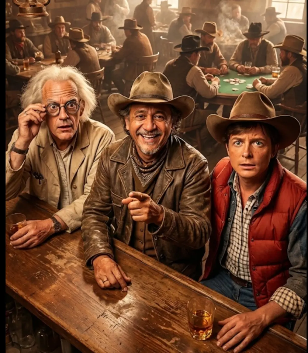 Escena cinematográfica hiperrealista ambientada en un salón del Viejo Oeste, con un ambiente cálido, ahumado y ligeramente polvoriento. En el mostrador están sentados tres personajes, vistos de frente en un ángulo ligeramente superior, usando una lente gran angular.
El primero es un hombre (foto adjunta), piel cálida, una sonrisa amplia y una expresión de risa, vistiendo estilo aviador y un sombrero de vaquero, apuntando hacia adelante con su mano derecha. Lleva ropa clásica del Salvaje Oeste: una chaqueta marrón envejecida y una bufanda alrededor del cuello, con una mirada intensa que resalta todos los detalles de su rostro.
A su lado está Marty McFly, con un look de 1989, con un chaleco rojo estilo Old West, una camisa de ajedrez y un sombrero de vaquero, luciendo una expresión de sorpresa y preocupación mirando directamente a la cámara.
Junto a con él, el Dr. Emmett Brown, también con presenta de 1989, cabello blanco desgreñado, gafas redondas y ropa beige típica de un inventor del siglo XIX. Él sostiene las gafas con su mano derecha, manteniendo la misma expresión icónica de maravilla que el cartel original.
En el fondo, el salón está lleno: pistoleros jugando al póquer, hombres con bebiendo whisky, viejos accesorios colgando emitiendo luz dorada, polvo flotando en el aire y todo el ambiente clásico del Salvaje Oeste. Fuerte contraste en el estilo & Burn, destacando detalles faciales, madera envejecida e iluminación caliente cinematográfica. Iluminación hiperrealista, como si hubiera fotografiado con una cámara sin espejo Sony de fotograma completo en 4K.
Relación de aspecto 9:16