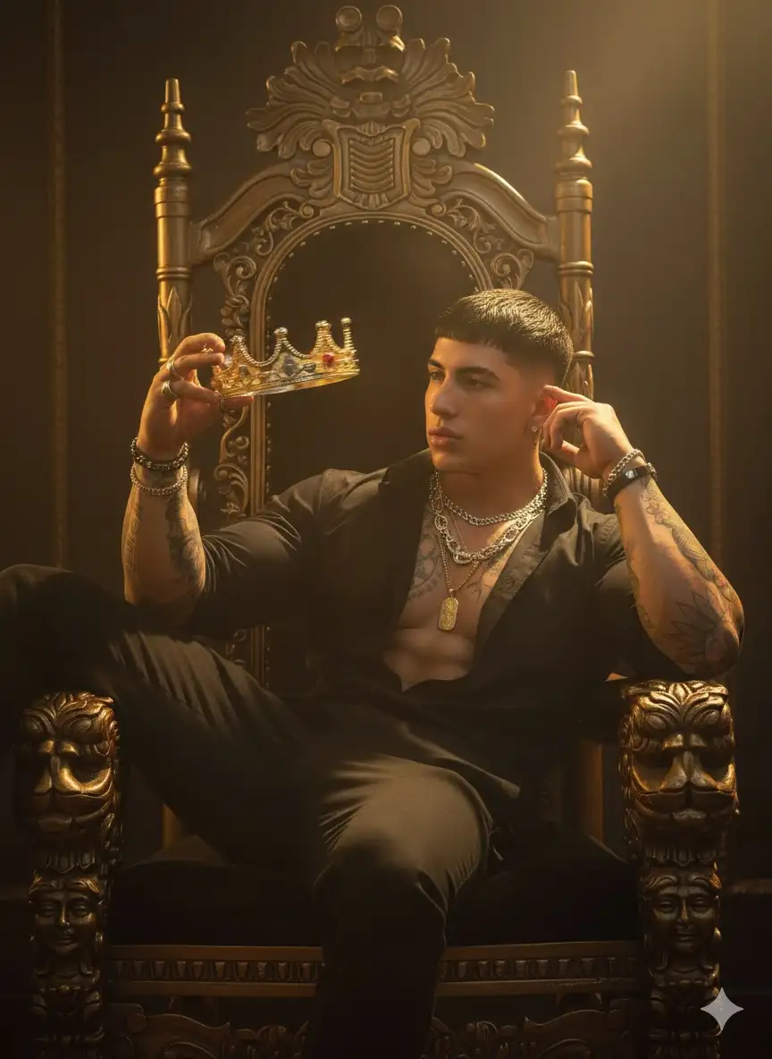 Usa 100% de rostro en la foto cargada arriba. Un retrato editorial ultrarealista en 8K con proporción 3:2, capturado con un lente DSLR de 50mm f/1.4 para poca profundidad de campo. El sujeto se reclina con despreocupación sobre un trono ornamentado tallado con detalles barrocos en madera oscura y toques dorados. Sus piernas se extienden sobre un brazo del trono mientras su espalda se apoya en el otro, con una postura desenfadada pero dominante.
Viste ropa elegante: una camisa oscura ajustada con las mangas enrolladas, mostrando tatuajes detallados en sus antebrazos. Múltiples cadenas en capas y pulseras de cuero captan destellos de luz, junto con aretes y un llamativo collar de cadena que descansa sobre su cuello. Una mano sostiene su cabeza con una arrogancia relajada, mientras la otra gira casualmente una corona dorada en la punta de un dedo, el movimiento capturado a medio giro con un ligero desenfoque.
La sala del trono está en penumbra, con dramáticos haces de luz dorada que atraviesan la neblina y se reflejan en las superficies pulidas de las joyas y los intrincados tallados del trono. La corona misma brilla con una mezcla de luces y sombras, reflejando tanto lujo como rebeldía. Su expresión: confiada, inalcanzable, un monarca moderno que gobierna bajo sus propias reglas. Ambiente: desafío decadente, soberanía con estilo, realeza moderna con actitud.