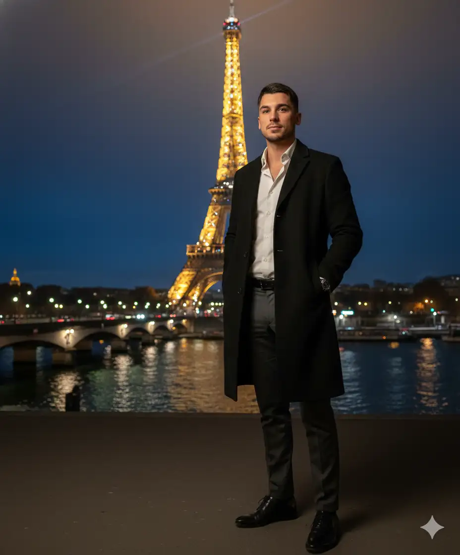 Remains 100% faithful to the face in the uploaded photo.
Creates a hyper-realistic and cinematic image, taken at night in Paris, with the Eiffel Tower fully illuminated in the background.
The man wears a long, elegant black coat, a slightly open white shirt, dark gray slim-fit trousers, and a visible silver watch on his wrist.
On his feet: shiny black leather shoes, slightly reflecting the light from the Parisian streetlights.
The man is standing near the Trocadéro or on the Pont de Bir-Hakeim, with the Eiffel Tower sparkling behind him and the golden reflections on the Seine.
Warm, golden light, a romantic and cinematic atmosphere: streetlights, a dark blue night sky, and a light mist.
The man is looking slightly to the side, with a calm and confident expression, hands in his coat pockets.
Ultra-realistic 8K rendering, soft depth of field, a chic and mysterious “Paris by Night” effect. Atmosphere: elegance, light, serenity and Parisian prestige.