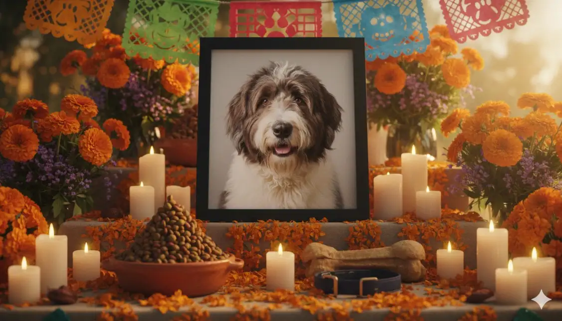 Agrega el perro de la imagen en el retrato. El perro debe estar dentro del retrato Aquí va el aviso. Un altar de Día de Muertos tradicional y ricamente decorado en México, dedicado a un perro viejo pastor ingles llamado Baloo. En la ofrenda se distingue claramente un retrato vibrante del perro sonriendo, rodeado de grandes flores de cempasúchil anaranjadas y moradas. Como ofrendas, se ven un recipiente de croquetas favoritas apiladas artísticamente, un hueso de carnaza y su cuello desgastado. El ambiente está iluminado por la cálida luz de veladoras, con papel picado de huellitas ondeando suavemente. Estilo: Foto de arte realista, profundidad de campo baja, luz dorada del atardecer, iluminación cinematográfica.