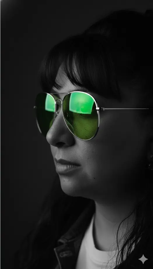 Un retrato de perfil de primer plano extremo y fotorrealista de la persona que aparece en la imagen adjunta. La imagen está renderizada en un blanco y negro dramático y de alto contraste, utilizando una técnica de color selectiva. El único color presente es el [verde] vibrante y luminoso de los cristales de sus gafas [aviador]. La iluminación es cinematográfica y temperamental, empleando un efecto claroscuro con sombras profundas y ricas cubriendo la mitad de su rostro, mientras que una fuerte luz principal ilumina la otra mitad, destacando los contornos y la textura de su piel, Mantén el rostro sin cambiarlo y sin modificarlo.