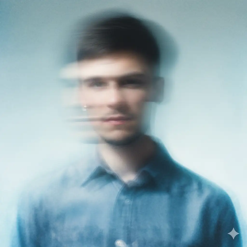 Front-facing portrait of a young man, looking directly at the camera, moving his head slightly left during a long exposure, creating ethereal motion blur across the face. Shot with an 85mm prime lens, aperture f/2.8, shutter 1/8s. Soft diffused daylight, seamless light sky blue background. Colours cool and desaturated with cyan undertones, soft glowing edges, hazy atmosphere, dreamlike minimalism. Subtle film grain. Album cover style, inspired by Erika Wall. --ar 1:1 --v 5 --q 2 --style raw. Don't change face features. He's using a blue collared shirt. The image is inspired to the album cover on the right