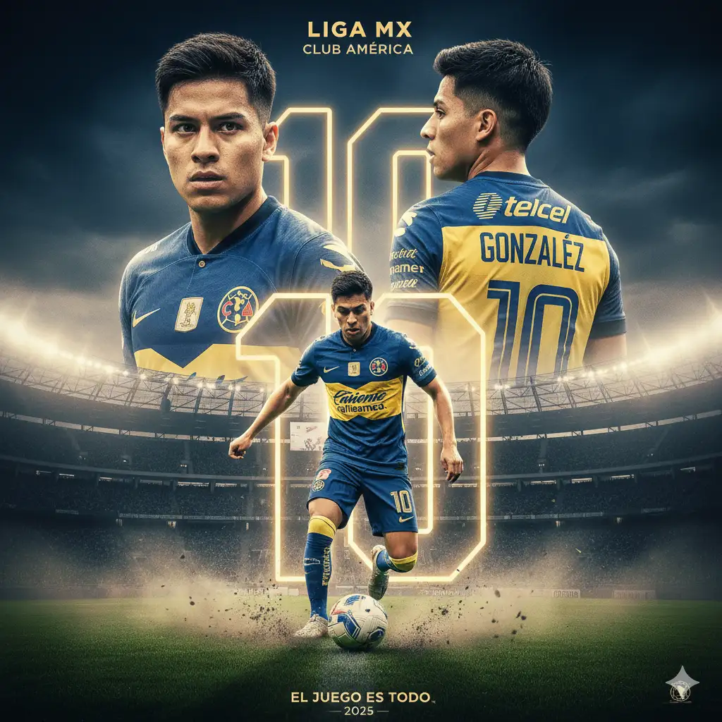 Crea un póster de cine de [deporte] profesional, tal y como la [Liga del deporte] hace sus posters y cinematográfico, presentando a un jugador [Imagen adjunta] similar al aspecto de un jugador profesional. Mantén todos los rasgos faciales originales, el cabello, la forma y el ángulo exactamente como en la imagen provista. Muestre al individuo desde tres perspectivas:

Retrato de primer plano: Un retrato de primer plano mostrando su rostro, llevando una camiseta de local de [equipo]. Perfil lateral: Un perfil lateral con la camiseta de local de [equipo] (la misma que trae puesta la imagen), mostrando claramente el nombre 'NOMBRE' y el número '#' en la espalda.

Cuerpo entero en acción: Una vista de cuerpo entero en el equipamiento completo de local de [equipo] (jersey de local, short, calcetines y tenis), con el número '#' claramente visible en la camiseta y los shorts. Asegúrese de que todos los logotipos de los patrocinadores sean visibles y estén auténticamente representados.

En la parte inferior del póster, incluya una escena de acción dinámica. El jugador debe estar ejecutando una potente jugada que levante el césped con un efecto de movimiento borroso para transmitir velocidad.

El fondo debe ser el [Estadio], con un gran número '#' brillante y el nombre 'NOMBRE' prominentemente exhibidos detrás del personaje. El estilo general debe ser ultrarrealista, de alta resolución, cinematográfico y poseer la estética vibrante de un póster deportivo profesional. Incluya el año '2025' discretamente en la parte inferior.