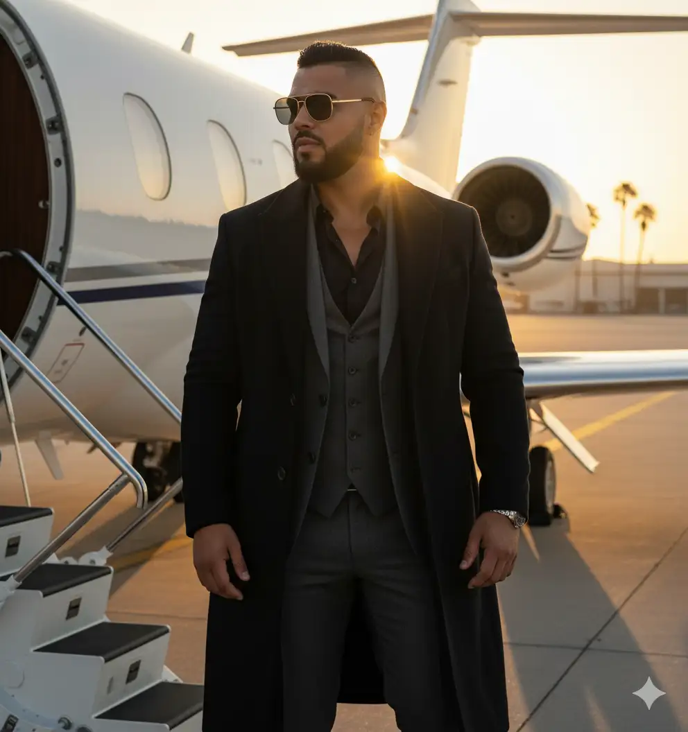 Use 100% face above uploaded photo, A handsome, successful man in his early 27s with styled black hair and black beard like uploaded photo and wearing sun glasses gold. Attire: An impeccable black long coat over a charcoal grey three-piece suit with a dark, open-collared shirt. Setting: The airstairs of a luxury private jet on an airport tarmac. Lighting: Cinematic golden hour lighting. The warm, low sun acts as a strong backlight, creating a glowing rim light on the subject's hair and shoulders, with a subtle lens flare. Style: Hyper-realistic, high-end fashion or advertising photography. Extremely sharp details, 8K resolution, capturing a feeling of wealth, power, and elegance.