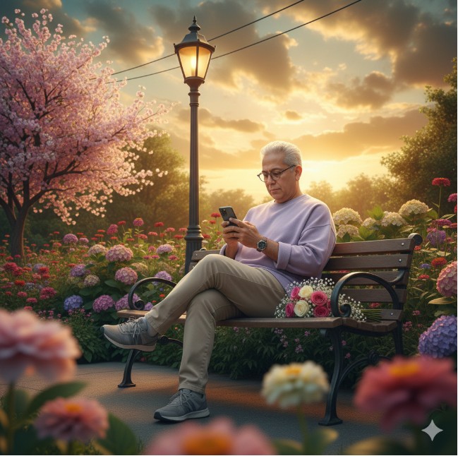 Crea una foto cinematográfica hiperrealista de cuerpo entero usando la foto que subí, con detalles faciales 100% precisos. La escena me captura sentada en un banco vintage de parque bajo una cálida farola en la hora dorada, profundamente concentrada en mi teléfono inteligente. Llevo una camisa oversize morada clara, pantalones beige, zapatillas deportivas, cabello despeinado, gafas y un reloj de cuero, con un delicado ramo de flores a mi lado. El fondo florece con exuberantes flores y un cerezo, mientras que dramáticas nubes doradas pintan el cielo. Un primer plano bokeh cremoso suaviza la vista, con un cable que corre por encima para agregar detalles urbanos. Renderizada en RAW 8K con poca profundidad, la imagen brilla con luces cálidas y sombras verde azulado, dando vida a texturas vívidas y profundidad cinematográfica.