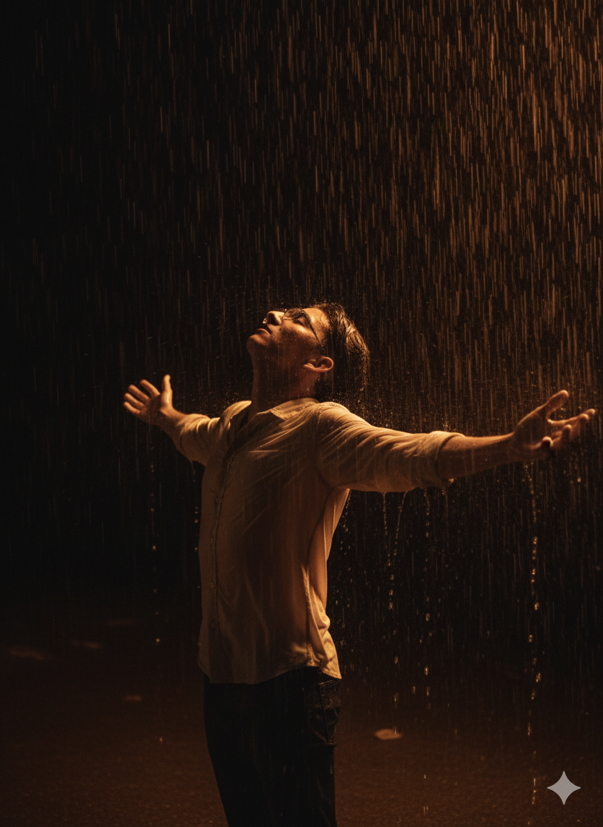 Portrait-orientation, medium-long shot of Subject[Person in the Image] standing in torrential rain at night, arms flung wide with open palms, spine arched and chest lifted, head tipped back toward the downpour; low-angle 3/4 profile (~20° up). Composition: Subject centered with a slight left bias, generous headroom and surrounding negative space, diagonal rain streaks slashing across the frame as leading lines, symmetrical arm span forming strong triangular shapes, clean featureless background; crop near shins. Camera: Canon EOS 5D Mark IV (full-frame) + 50 mm, f/2.8, 1/60 s, ISO 800, white balance 3200 K; static/tripod. Lighting: single warm backlight high at 3/4 back-right creating a bright rim on jaw/arms and lighting the rain, minimal/no fill. Environment: exterior night in heavy rain with a dark background and backlit spray. Color grade: cinematic warm amber with deep blacks, moderate saturation, slightly warm temperature. Mood: cathartic, exultant, freedom. Aspect ratio 2:3. Post: S-curve contrast, clarity/micro-contrast to emphasize rain streaks, subtle vignette, mild noise reduction. Negative prompts: watermark, text artifacts, banding, oversoften skin, extra limbs, warping, blown highlights, HDR halos, plastic look.