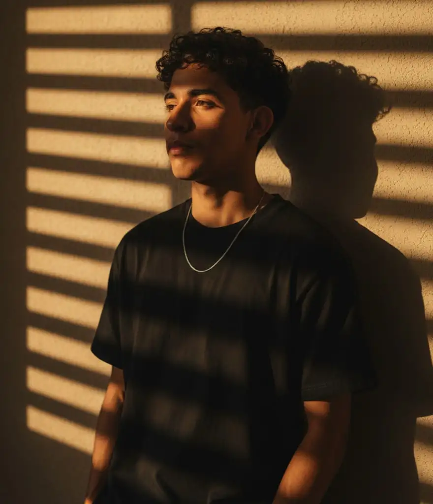 A cinematic portrait of me, keeping my real face unchanged. I am standing close to a wall, my upper body slightly turned toward it, with my right shoulder leaning closer while the rest est of my torso angles outward. My arms hang naturally at my sides, relaxed and casual. My head is tilted slightly to the right, and I am looking off into the distance with a calm, thoughtful expression, as if lost in contemplation.I am wearing a loose-fitting, plain black t-shirt made of soft cotton fabric, with a relaxed, casual drape over my shoulders and torso. Around my neck is a thin, minimalistic necklace that adds a subtle accessory detail.The lighting is dramatic and golden, as if from the setting sun, casting long rectangular patterns of light and shadow on the wall behind me. My silhouette and hair create a strong shadow on the wall, adding depth and atmosphere. The warm light illuminates part of my face and hair, while the rest remains in soft shadow, creating a moody and cinematic effect. The camera is positioned at eye-level, framing me from the waist up with a portrait focal length of about 85mm. The perspective feels intimate and natural, emphasizing the interplay of light, shadow, and mood.Style: cinematic, editorial portrait photography, moody sunset lighting, natural shadows, professional fashion vibe. Keep same face