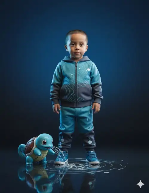Crie um retrato editorial hiper-realista de uma pessoa, gerado a partir de la imagen fornecida (mesmo rosto 100%, mesmo penteado, expressão preservada). El sujeto está de pie con confianza sobre un piso reflexivo e brillante, vestido con un conjunto coordinado en toneladas de azul océano y carvão (jaqueta ou moletom com capuz e calça jogger alfaiatada), con líneas inspiradas en ondas de agua y sutis bordados de gotas o conchas ao longo das mangas, peito e costuras da calça. Tenis azul océano combinando completam o visual. Al lado e interactuando con el sujeto está un Squirtle hiperrealista de tamaño pequeño, con casco texturizado en toneladas de marrón y azul, piel úmida y brillante en azul claro y ojos expresivos cheios de carisma. O Squirtle puede interactuar de formas variadas: • sentado no ombro da pessoa sorrindo, • no chão olhando para cima com expressão animada, • ou brincando com um jato d'água sutil que cria reflexos cinematográficos na cena. El fondo es un gradiente suave de azul océano para carvão profundo, criando un clima editorial elegante; o reflexo no piso muestra tanto o sujeito quanto o Squirtle de maneira fotorrealista. La iluminación utiliza luz principal fría y dramática, con una luz de contorno suave azulada que realza los detalles de la piel, el casco y el tejido. El efecto incluye profundidad de campo cinematográfico raso, leve granulación de película para dar aspecto editorial, integración fotorrealista de criaturas y calidad ultra detallada en 8K.