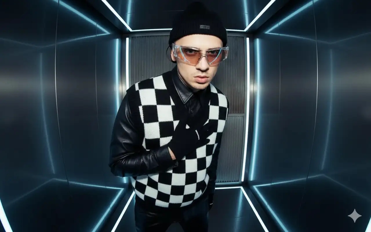 A surreal high -fashion editorial fisheye portrait model short with a slightly curved wide-angle lens.He poses in a futuristic elevator -like minimal space,leaning forward toward the camera with exaggerated perspective.His outfit is layered street-luxury fashion: black leather inner shirt with a bold checkered knit vest.He wears striking avant-garde translucent fashion sunglasses (like in the second reference), with sharp angular lines wrapping across his eyes,