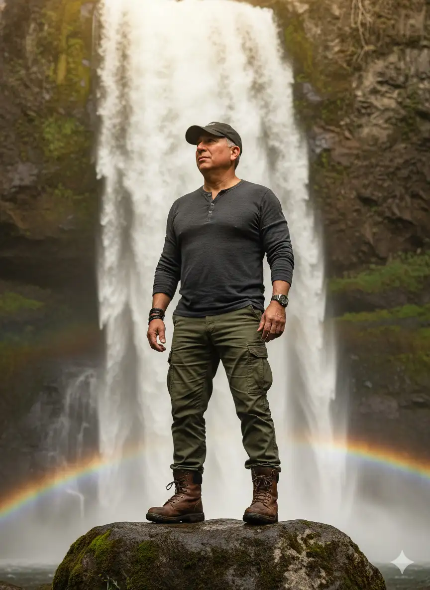 Retrato fotorrealista ultrarrealista en 8K, usando la foto de rostro subida, 100% idéntica. Visto una camiseta henley gris oscuro de manga larga, pantalones cargo verde oliva, botas de cuero marrones y una gorra. De pie sobre una roca musgosa frente a una cascada. Físico atlético y bien formado. Reloj y pulseras en las muñecas. cuidadosamente peinado bajo la gorra. Expresión facial contemplativa, mirando ligeramente hacia arriba. Cascada brumosa al fondo, con un tenue arcoíris visible. La cálida luz del sol ilumina la parte superior del marco, resaltando la figura y la cascada. Perspectiva vertical que captura la altura completa. 3061 texturas hiperrealistas en piel, cabello, ropa, roca y agua. Estilo fotográfico cinematográfico, que hace que la imagen parezca una auténtica fotografía profesional.