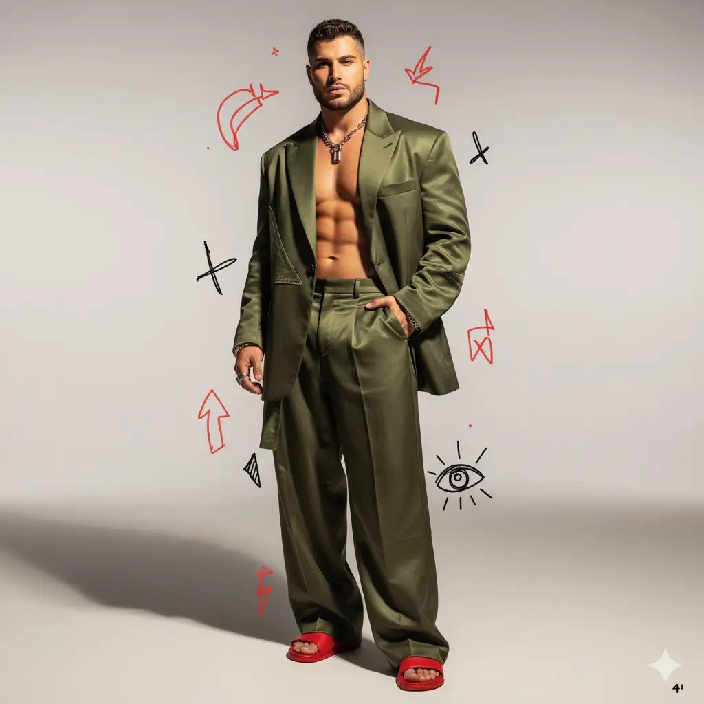 Insert the photo I uploaded into the prompt below,
a full-body portrait of a male fashion model wearing an avant-garde olive-green oversized suit with fluid silhouette and layered textures, styled with bold accessories and red designer sandals, posing dynamically in a high-fashion editorial style — one hand resting in pocket, head slightly tilted, confident gaze toward the camera, subtle movement in fabric as if caught mid-turn. set in a minimalist gradient studio background with refined soft lighting inspired by Vogue magazine fashion shoots. artistic graffiti-inspired red and black sketches subtly incorporated into the composition — expressive lines, doodled symbols, and abstract shapes enhancing the modern aesthetic. the lighting is cinematic and elegant, with soft shadows, glossy highlights on the fabric, and a warm editorial tone. the overall mood is avant-garde, confident, and stylish, blending urban streetwear attitude with luxury fashion sophistication. ultra-detailed textures, realistic lighting diffusion, crisp shadows, Vogue fashion editorial photography, 8k ultra-realistic, volumetric light, shallow depth of field, --ar 3:4 --v 6
--style raw --a 2 --uplight