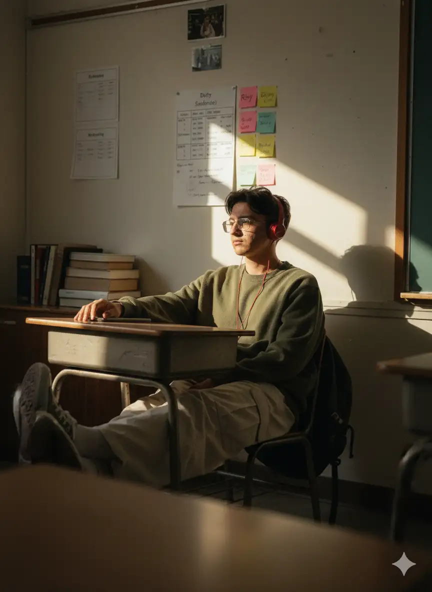 Original Face, cinematic portrait with a somber, vintage classroom. The camera is shot from a distance, with a small section of the chair's back visible in front, as if the photographer was taking the portrait discreetly or in a quiet moment. Soft, golden-yellow lighting reflects from a small window or gap in the right wall, forming diagonal lines of light that fall directly on the girl's face, creating a dramatic and emotional contrast.

The person sits alone in a chair, her feet resting on the desk, with a relaxed and cool expression, as if lost in thought. She has messy, yet natural Korean-style Comma-style hair. She wears an oversized army green sweater, cream-colored cargo pants, Converse sneakers, and red headphones. She has a bag hanging from the chair, but it blends harmoniously with the warm light surrounding her. Behind her is an off-white wall with sticky notes labeled "Rhey" notices, duty schedules, and so on, and a photo at the top. There are also a few decorations or furnishings typical of a college classroom.

Reinforcing a nostalgic and contemplative feel, like a frozen moment in time. Soft golden hues of light blend with the dark shadows in the room, creating a quiet, warm, and slightly wistful atmosphere, reminiscent of a scene from a Japanese indie film at dusk or early morning. The overall atmosphere suggests an intimate, introspective moment in silence. All image elements are rendered without bokeh, with even sharpness from foreground to background. The visual texture contains noticeable noise and grain, reminiscent of the results of analog 35mm film cameras like the Canon AE-1 or retro digital simulations using the Fujifilm X100V with "Classic Chrome" film simulation.

Possible camera settings: ISO 1600, f/5.6 aperture, 1/60s shutter speed, with a warm white balance to maintain the natural golden light in the room. The grain effect can come from ISO 400 film or the digital grain feature intentionally activated to add cinematic character and nostalgia. 3:4