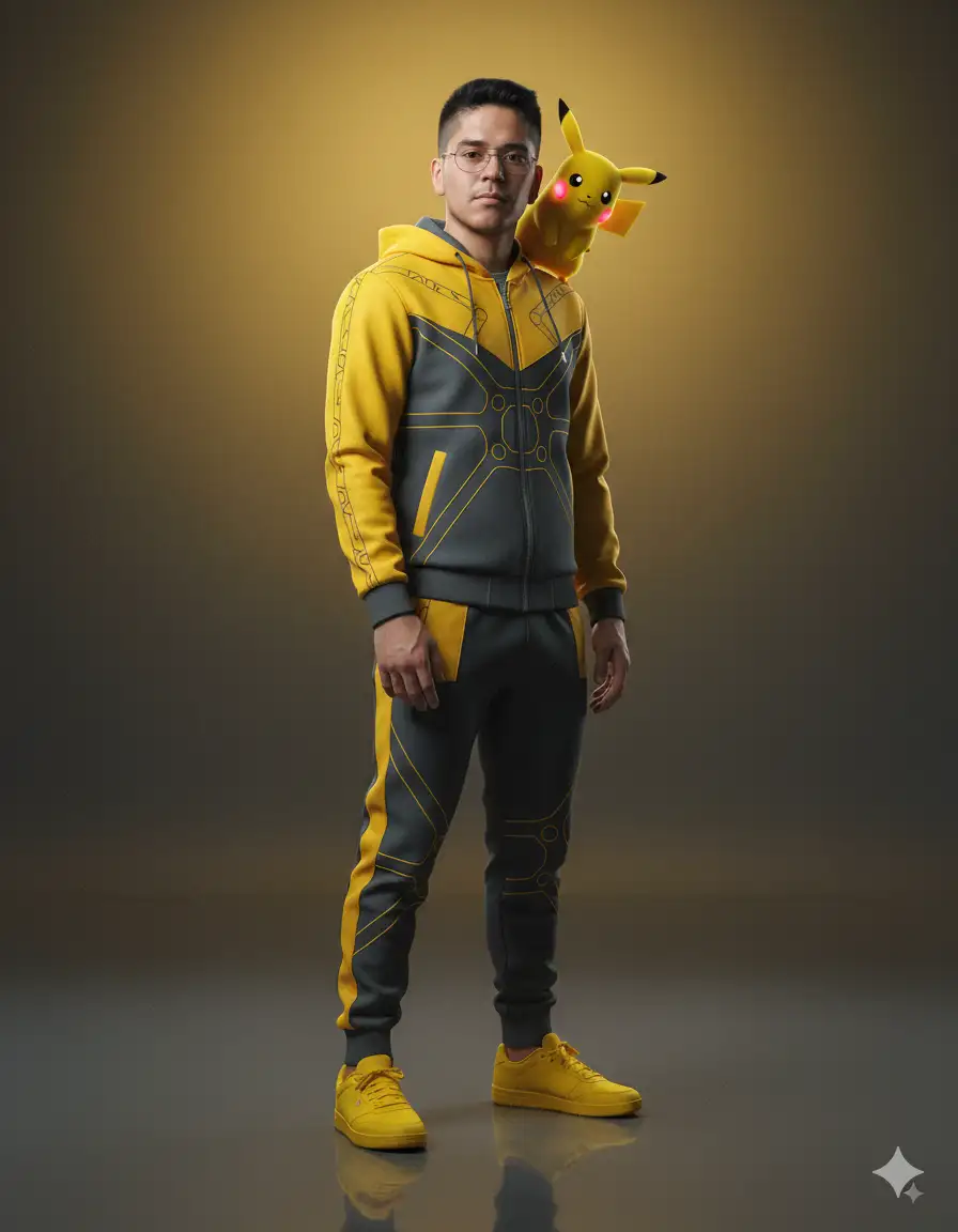 Crie um retrato editorial hiper-realista de uma pessoa, gerado a partir de la imagen fornecida (mesmo rosto 100%, mesmo penteado, expressão preservada). El sujeto está de pie con confianza sobre un piso reflexivo e brillante, vestido con un conjunto coordinado en amarelo vibrante e carvão (jaqueta ou moletom com capuz e calça jogger alfaiatada), con líneas inspiradas en radios y sutis bordados de motivos eléctricos ao longo das mangas, óculos, peito e costuras da calça. Tenis amarelo vibrante combinando completam o visual. O Pikachu em tamanho realista e pequeno interage com o sujeito de forma natural: pode estar sentado no ombro da pessoa, apoiado na perna olhando para cima, ou com uma das patinhas segurando suavemente a mão/jaqueta. Pikachu tiene pelo amarelo hiper-detalhado, ojos expresivos y bochechas eléctricas que brillan levemente en tom avermelhado, transmitiendo energía y carisma. El fondo es un gradiente de amarelo dorado para carvão profundo, criando un clima editorial impactante; o reflexo no piso muestra tanto o sujeito quanto o Pikachu de maneira fotorrealista. La iluminación utiliza una luz principal, intensa y dramática, además de luz de contorno para esculpir los detalles de la piel, los pelos y el tejido. El efecto incluye profundidad de campo cinematográfico raso, leve granulación de película para dar aspecto editorial, integración fotorrealista de criaturas y calidad ultra detallada en 8K.