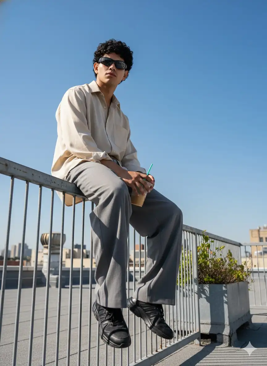Insert the photo I uploaded into the prompt below
full-body shot of a stylish young man sitting casually on top of a metal fence, legs relaxed forward, one shoe closer to the camera lens, holding a drink cup with a straw in his hand, black curly hair, wearing dark sunglasses, oversized light beige shirt with rolled-up sleeves, loose gray wide-leg pants, and black chunky sneakers, bright daylight with clear blue sky, subtle greenery on the side, urban rooftop environment, low-angle perspective photography, professional DSLR, realistic fashion editorial style, sharp textures on clothing and metal fence, cinematic urban street fashion aesthetic --ar 9:16 --v 6 --style raw --q 2 --s 1000 --hd