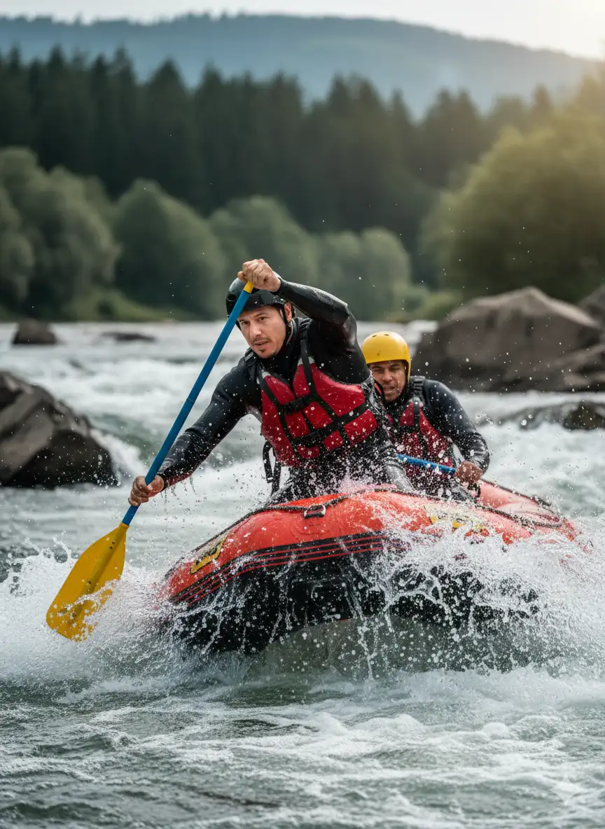 Captured mid-step on the staircase of a sleek private jet, the subject wears a navy trench coat over a charcoal turtleneck. Suitcase in one hand, sunglasses shielding the gaze. The runway glows beneath industrial lights reflecting off the fuselage.
Style: 4:3 frame, full-body profile, hyper-detailed reflections, sharp skin texture, shallow depth, Nr 9: Create a photo of a man tearing through a ferocious stretch of whitewater rapids, the subject grips a paddle mid-swing, soaked to the bone as glacial water explodes around the raft. Muscles tense, jaw clenched, face flecked with droplets frozen mid-motion. The kayak dips violently, caught between jagged rocks and foaming currents, with a mountainous pine forest blurred in the background.The man is wearing a wetsuit, a life-jacket for rafting and a helmet.A feeling of Adrenaline-fueled chaos, 3:4 cinematic action frame, ultra-realistic water textures, 8K resolution, 35mm DSLR lens, high shutter speed to freeze motion, sharp detail in spray and skin texture, dynamic lighting with high-contrast splashes and sunlight piercing through mist. Don't change facial features