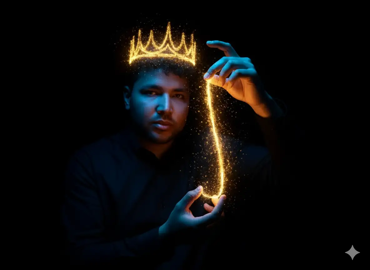 A hyperrealistic, vertical, half-body portrait of a slender person, featuring a high-contrast, almost completely black background. The dramatic chiaroscuro lighting draws all attention to the illuminated elements.

The person wears a **Crown of Light** on their head. The crown is a faint, solid shape formed by a **deep golden-yellow, energetic light**, surrounded by a subtle, glittering particle and dust effect, as if emitting a fine golden mist.

In the hands, the person delicately holds a **Thread of Light**. This thread is smooth, has a slight curvature, and a very fine, textured or "fire" appearance suggesting movement and pure energy. Its color is the same deep golden-yellow as the crown, surrounded by the same glittering particle effect.

**The Hands:**
* **Upper and Lower Hand:** Both hands, which appear smooth and elegant, are holding the thread with the thumb and index finger, slightly arched, in a precise, delicate pose.
* **Lighting:** A cool, **blueish light** illuminates the back of the hands and fingers, creating a sharp chromatic contrast with the **warm yellow/golden light** emanating from the thread itself, which illuminates the inside surfaces of the fingers at the point of contact.
* **Attire:** Dark, possibly black or very dark blue fabric (sleeve/garment) is visible behind the hands.

The overall atmosphere is one of mystery and drama, with deep shadows and the brilliant chromatic contrast between the cool blue and warm golden light emphasizing the thread as a source of supernatural or magical energy.