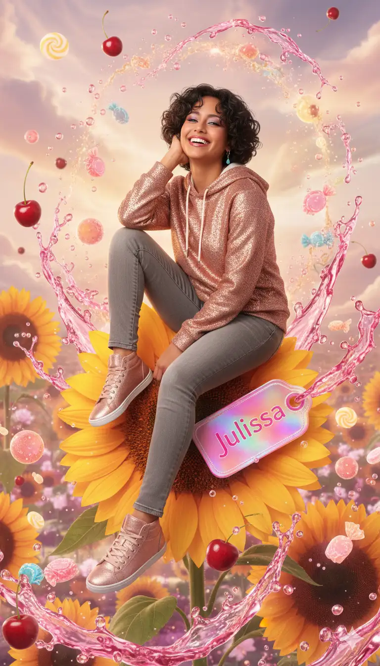 Una escena de fantasía surrealista hiperrealista de [tu foto/el joven de la foto de referencia],  Que este sonriente y que irradie felicidad,  vestido con una sudadera con capucha rosa dorada jeans grises y zapatillas rosas del mismo color de la sudadera, sentado casualmente con un brazo apoyado en su rodilla sobre unos girasoles gigantes amarillos con una llamativa etiqueta holográfica rosa llamativa que diga Julissa . A su alrededor hay salpicaduras de líquido de refresco rosa  brillante, cerezas flotantes y dulces brillantes.