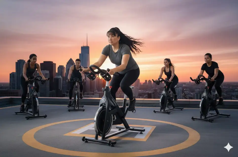 hacer que esta foto este haciendo bicicleta spinning en un helipuerto con varias personas