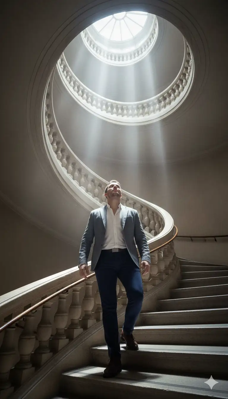 create a Realistic 8K portrait, 24mm wide-angle lens. Scene on a majestic spiral staircase with imposing architecture. Soft natural light enters from the circular top, creating ethereal beams. Subject in upward motion, slightly tilted, expressing ascension and transcendence. Gaze directed upward, deep and poetic.

Sophisticated editorial look: tailored graphite-gray linen blazer, open-collar white shirt, deep navy slim-fit trousers, polished leather shoes. Perfect fabric drape highlighted by natural light, contrasting architectural hardness with fashion softness.

High-impact details: light reflections on face and shoulders, spiral staircase curves framing the background, cinematic and artistic composition. Vogue-style editorial atmosphere — fusion of architecture, fashion, and timeless emotion.
