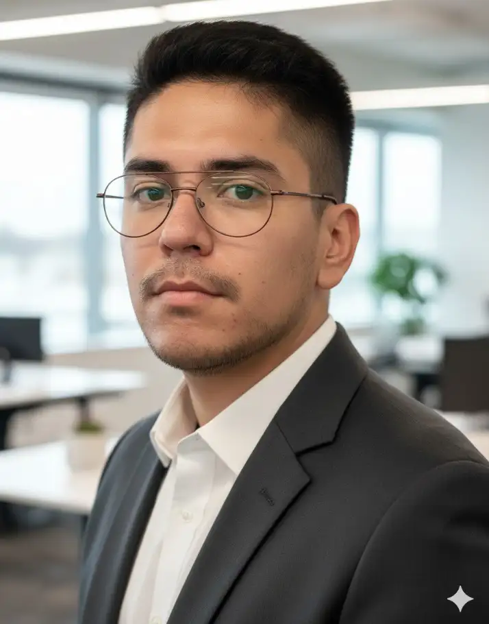 Recrea la foto con pose de medio perfil mirando hacia adelante. Fondo de oficina moderna difuminada, blazer (gris oscuro), camisa (blanca), foto 4K realista con efecto bokeh profesional.