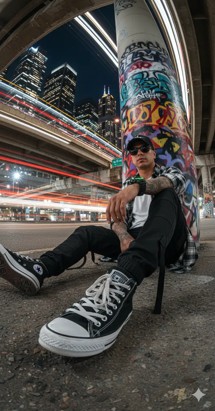 Create an image of me [attached photo with all your features] I'm wearing a baseball cap and Ray-Ban sunglasses. He's wearing a white t-shirt, tactical cargo pants with side strap details, a black and white long-sleeved flannel shirt tied at the waist, a sports watch, and black Converse sneakers. I'm sitting casually on the asphalt under a city overpass, leaning against a large concrete pillar covered in colorful graffiti. My right leg is bent, with the Converse sneakers positioned very close to the camera, dominating the foreground for a dramatic fisheye perspective from a very low angle. Setting: a realistic night scene of a large city, with car light trails (red, yellow, and white stripes), and illuminated tall buildings. Camera style: fisheye lens, very low angle, 9:16 aspect ratio, night lighting, high contrast, and realistic shadows. The overall style is an ultra-realistic street fashion editorial with a modern urban feel. The photo quality is ultra HD 8K.