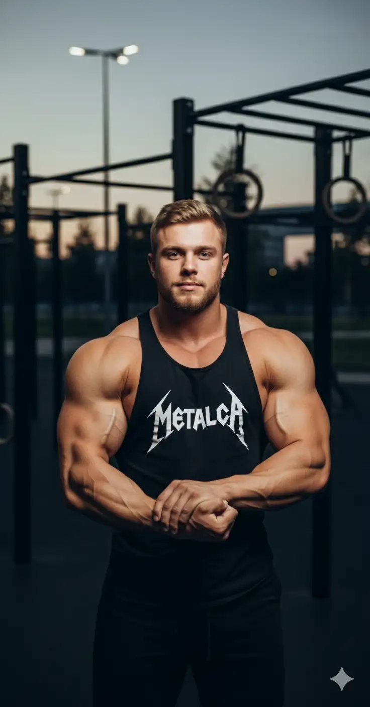 Transform this photo into a portrait of a fit man wearing a sleeveless gym top, standing confidently in an outdoor setting with a workout park in the background. Add dramatic lighting to highlight his physique for a powerful, athletic vibe.