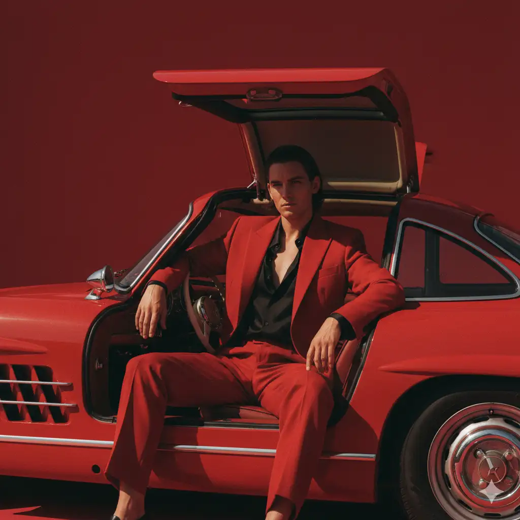 A CINEMATIC, HIGH-FASHION EDITORIAL STYLE PHOTO OF [YOUR FACE AND BODYI, SITTING CONFIDENTLY INSIDE A LUXURY VINTAGE RED MERCEDES-BENZ WITH THE CAR DOOR OPEN. YOU ARE WEARING A BOLD, SHARP RED SUIT WITH A BLACK SHIRT, EXUDING POWER AND STYLE. THE BACKGROUND IS A DRAMATIC SOLID RED BACKDROP, CREATING A STRIKING MONOCHROME EFFECT WITH THE CAR AND OUTFIT. HARSH SUNLIGHT CASTS STRONG SHADOWS, ADDING DEPTH AND CONTRAST. THE MOOD IS STYLISH, MODERN, AND CINEMATIC.