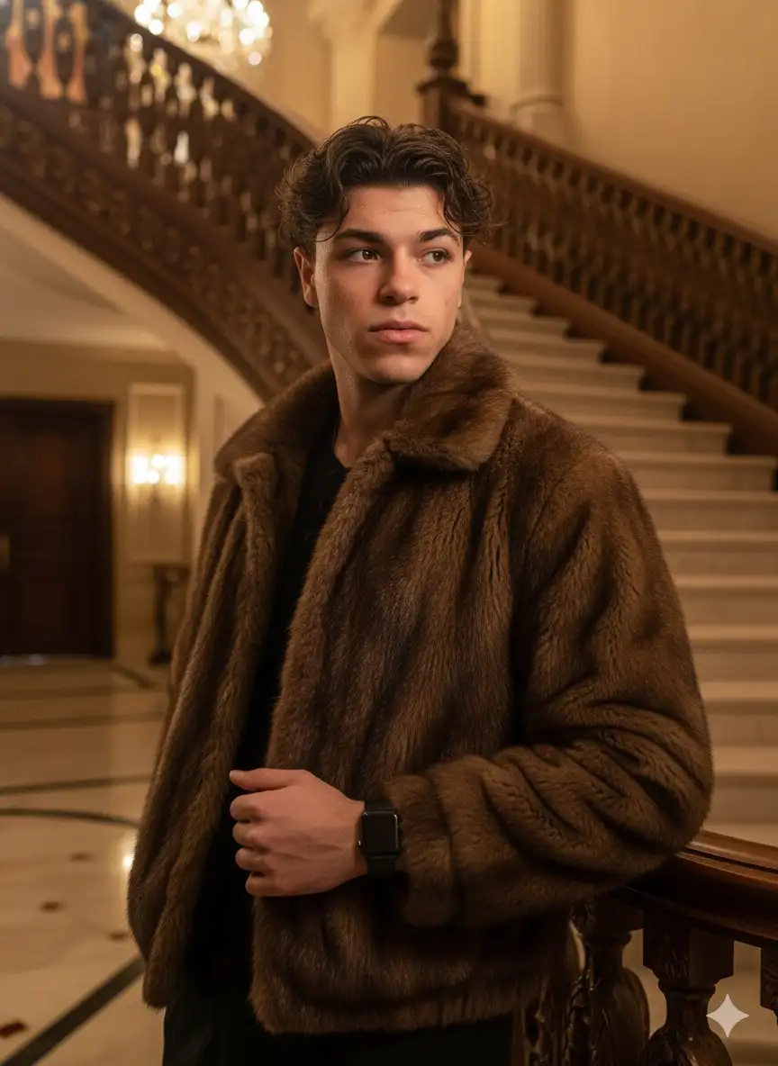 "A young man (same as uploaded photo) smooth natural lighting, sharp jawline, wavy brown hair slightly messy, wearing glossy brown fur jacket, black Apple Watch, standing by a grand staircase in a luxurious mansion, looking confidently to the side, face slightly wet with water drops, golden ambient lighting, cinematic luxury vibe.
