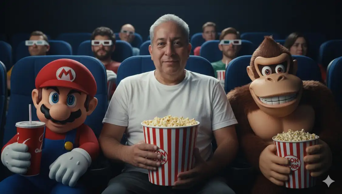 Fotografía ultrarrealista en 16K, relación de aspecto horizontal de 16:9, atmósfera cinematográfica humorística.
Escena: Dentro de una sala de cine sombría, con lugares azules visibles al fondo, réplicas de personajes de videojuegos en el tren de atracciones.
Personaje principal: Yo (en la foto) con una sencilla camiseta Blanca, sosteniendo un gran cubo de palomitas de maíz a rayas rojas y blancas en una mano.
A cada lado: dos personas, detalles.
• Izquierda: Mario Bros., con un vaso rojo de refresco en una mano. Expresión maliciosa.
• Derecha: El divertidísimo Donkey Kong, alquilando su propio cubo de palomitas. Su sonrisa es amplia y sensual, con hoyuelos brillantes.
En el plano de llegada: Otros personajes aparecen en las salas del cine, algunas gafas presagian 3D, Iluminación: cinematográfica, proveniente de la pantalla de cine invisible frente a ellos, con reflejos principalmente brillantes en los rostros y los cubos de palomitas. Los detalles son extremadamente realistas.