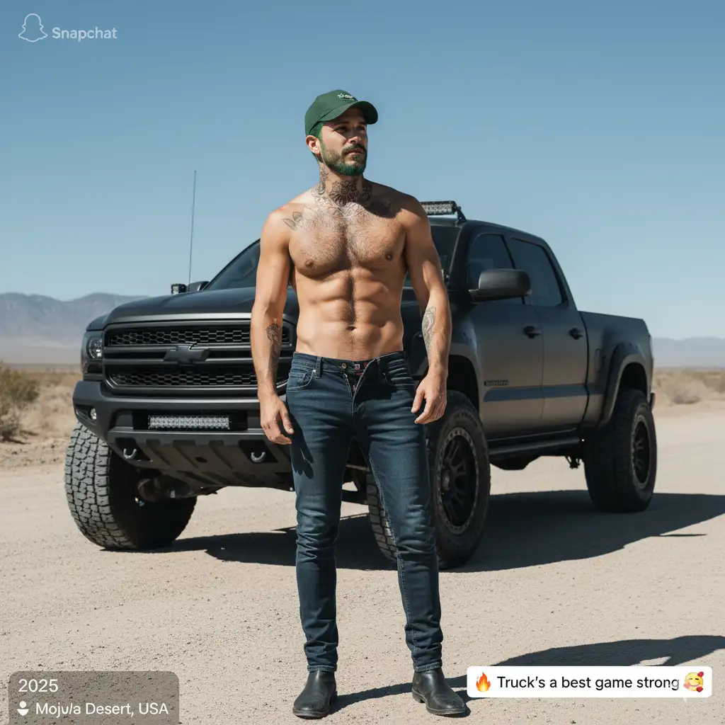 full shot, full-length portrait, wide field of view, centered, showing entire body, award-winning cinematography, award-winning photography, Photo of a man (use the uploaded picture as reference for the face) posing in front of his truck, wearing a green baseball cap, hairy chest, abs, fit, This appears to be an editorial-style photo, posted on Snapchat in 2025. --chaos 25 --ar 71:128 --style raw --stylize 750 --v 6.1