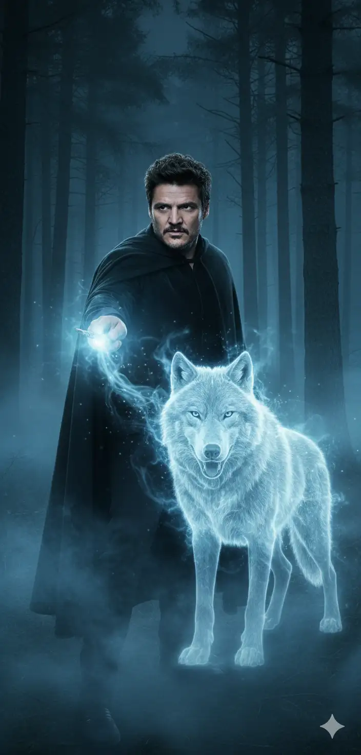 Con la persona de esta foto, haz una imagen hiperrealista con la siguiente descripción, no cambies su rostro, lunares y lentes.
La imagen debe mostrar a la persona en un bosque oscuro y brumoso, con neblina y ella debe parecer estar conjurando un hechizo.
Descripción detallada:
 La persona debe vestir de negro, con una capa larga y oscura, sin capucha. Está parado en una pose de ataque, con el brazo extendido y sosteniendo una varita mágica irregular  hecha de madera de arbol de espino, en su mano derecha, como un director de orquesta sinfónica. Su expresión facial es amenazante y concentrada.
 * Contexto: El fondo es un bosque denso y brumoso, con árboles altos y esbeltos que se pierden en la niebla. El ambiente es sombrío y misterioso, con un tono azulado que domina la escena. Hay una neblina baja que se arrastra por el suelo del bosque y sube por los pies de la persona.
 * Elemento mágico: De la punta de la varita de la persona emana una luz azul clara brillante, que entre neblina y humo brillante que sale de la misma barita, va tomando forma de un lobo. La silueta del animal es translúcida y está compuesta por líneas de energía luminosa envuelta por la misma neblina y humonque emanan de la varita . El contorno está rodeado por un aura de humo o neblina. El contorno del animal es nítido y está rodeado por un aura de humo o vapor azul.
La escena hace alusión directamente el mundo mágico de la saga de Harry Potter. La acción de conjurar un hechizo con una varita para invocar una forma animal translúcida es una clara referencia al Encantamiento Patronus. 

La silueta del animal corresponde a un lobo GUARGO. 
Es importante que se pueden distinguir las características distintivas de este lobo Guargo:
 * Un cuerpo atlético e imponente.
 * Posición de alerta maxima.
 * La forma general del hocico y lengua
 * Debe parecer que este Lobo Guargo tiene vida propia.
 *El Lobo guargo debe de salir de entre la niebla espesa y brumosa que invoca la varita
