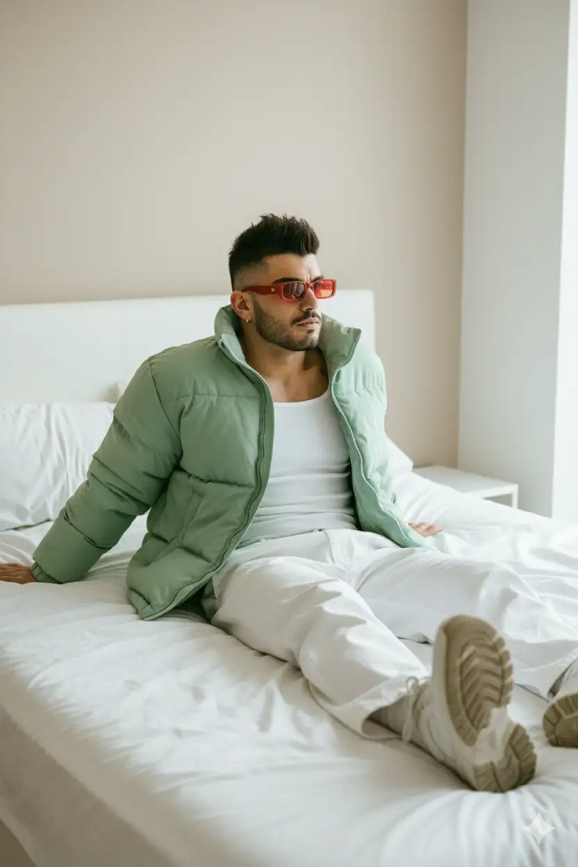Hyper ultra-realistic 8K cinematic portrait of a rugged man (face exactly like reference) lounging on a white bed with rumpled sheets, wearing pastel green puffer jacket over white tank, baggy white pants, chunky sneakers, and red-orange rectangular sunglasses.
Messy spiky hair, pensive look to the right, soft airy lighting, modern clean aesthetic.