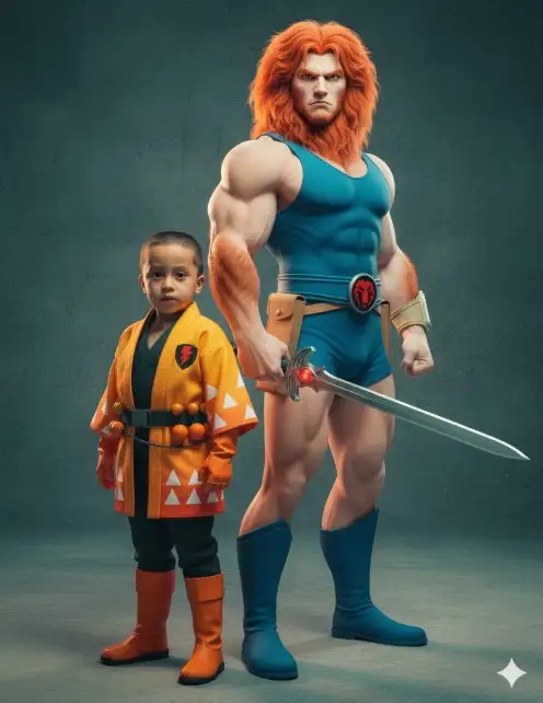 Una fotografía de retrato de moda hiperrealista de un modelo infantil seguro de sí mismo de 3 años (Use la cara real en la referencia de la foto) (cara real, rasgos fotorrealistas), vistiendo Mono o túnica: Este traje es similar en estilo al de los otros Thundercats, pero está adaptado al tamaño de su niño.
Emblema: En el pecho tiene el emblema característico de los ThunderCats, un rayo rojo o naranja dentro de un escudo negro.
Botas y guantes: Use guantes y botas largas, generalmente de color naranja o marrón claro. Estas prendas tienen un aspecto funcional y están diseñadas para la agilidad.
Accesorios: Complemente su atuendo con un cinturón o arnés donde guarde sus accesorios, como las bolas de truco y la cuerda para atrapar. El niño está posando con severidad, de pie perfectamente espalda con espalda con una versión realista, renderizada en 3D y muy detallada de León-O (Lion-O), el líder de los Thundercats.
Descripción de León-O
El personaje tiene una constitución muy musculosa y atlética.

Cabello: Tiene una melena abundante y despeinada de color naranja rojizo.

Piel: Su piel es de un tono pálido, casi blanco o beige claro, contrastando con su marcada musculatura.

Expresión: Tiene una expresión facial seria y decidida, con las cejas fruncidas y un aire de fuerza y ​​valentía.
Ropa y Accesorios
El atuendo es el clásico traje de los Thundercats, diseñado para la acción:

Traje: Lleva un leotardo o chaleco azul claro, sin mangas, que deja al descubierto la mayor parte de sus brazos y piernas.

Botas: Lleva unas botas altas azules que llegan justo debajo de la rodilla.

Cinturón: Tiene un cinturón ancho azul con un distintivo broche central.

Accesorio Principal (Broche): El broche del cinturón es el símbolo icónico de los Thundercats, que es la cabeza de un león en un círculo rojo y negro.

Accesorio de Cadera: En el lado derecho (su izquierda), tiene una funda o cartucho marrón claro o beige sujeto a su cadera.

Brazaletes/Guantes: Parece llevar algo parecido a brazaletes o guantes ligeros en sus muñecas, aunque son de un color similar a su piel y resaltan por el contraste con sus musculosos antebrazos.

Arma (Accesorio Clave): En su mano derecha sostiene la Espada del Presagio. Se muestra en su forma corta, de un solo filo, con empuñadura plateada y un ojo rojo en la punta que representa el Ojo del Trueno.
Ambos sujetos miran directamente a la cámara con una expresión decidida y asertiva.
Escenario: Estudio de hormigón modernista y minimalista con una iluminación lateral dramática y cinematográfica.
Fotografía: Tomada con un objetivo fijo Canon EOS de 50 mm. Profundidad de campo reducida (bokeh).