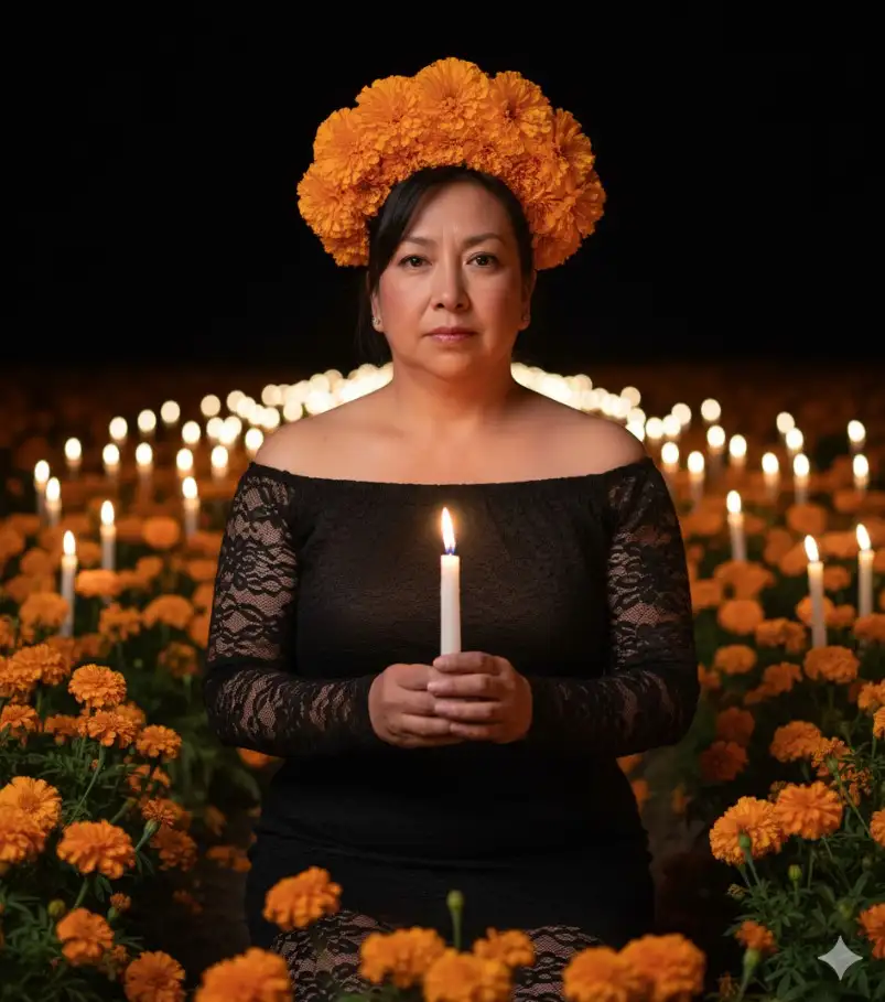 crea una imagen hiperrealista con mis rasgos faciales idénticos muestra a una mujer, en lo que parece ser un campo de flores de cempasúchil iluminado por velas. La toma está centrada en ella, que está arrodillada y mirando directamente a la cámara con una expresión serena y ligeramente seria.
y lleva un vestido de encaje negro con los hombros descubiertos y mangas largas que terminan en los codos. Un tocado floral de cempasúchil, también de color naranja vibrante, adorna su cabeza, completando el atuendo.
En sus manos, a la altura del pecho, sostiene una vela blanca encendida, cuya llama es el punto más brillante en el centro de la imagen. La luz de la vela ilumina suavemente su rostro y parte superior del cuerpo.
El fondo está compuesto por un denso campo de flores de cempasúchil de color naranja brillante. Entre las flores, se ven numerosas velas blancas encendidas, creando un efecto de puntos de luz difusos que se extienden hasta el horizonte oscuro. El cielo o el fondo distante es completamente negro, lo que hace que las luces de las velas y el color de las flores resalten aún más.