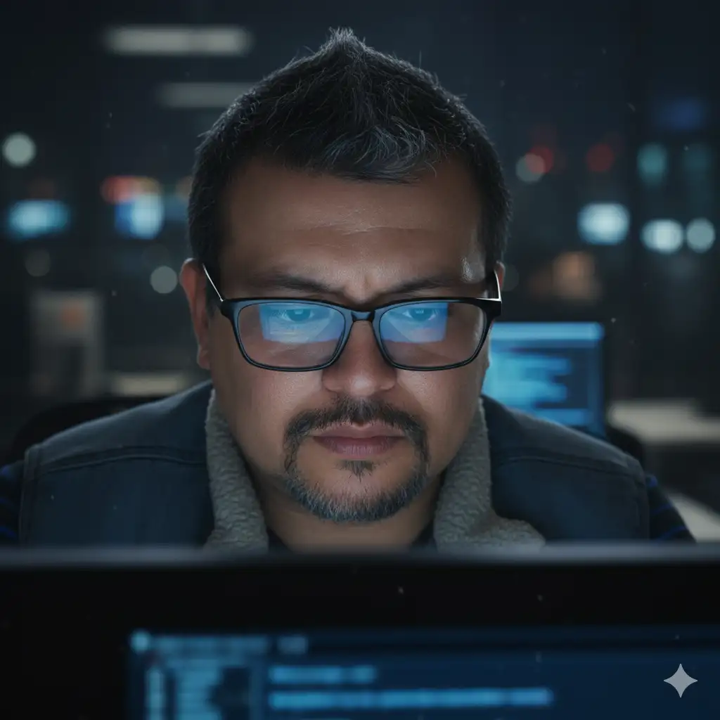 El mismo sujeto, en una imagen hiperrealista, conservando absolutamente todos los rasgos, lentes y corte de cabello, en una imagen en primer plano que captura la intensidad y la concentración del sujeto en un entorno de trabajo nocturno. La composición se centra fuertemente en la parte superior del rostro, con la frente arrugada sutilmente, indicando un esfuerzo mental o una profunda inmersión en la tarea. Los gestos son mínimos pero significativos: las cejas están ligeramente fruncidas, no por preocupación, sino por el foco, mientras que la boca, aunque no completamente visible, sugiere una línea neutra o una tensión sutil que acompaña la concentración.
El tipo de mirada es directo y penetrante, dirigido hacia abajo, hacia una pantalla que no vemos, pero cuya presencia es evidente. A través de las gafas, se aprecian los reflejos de la pantalla de una computadora, mostrando líneas de texto o código, lo que ancla al sujeto firmemente en una actividad digital. Estos reflejos no solo son un detalle técnico, sino que también actúan como una ventana a lo que el sujeto está percibiendo, añadiendo una capa de realismo a la escena.
La iluminación es ambiental y principalmente indirecta, con un tono azulado que sugiere un entorno de oficina o estudio en la oscuridad. Hay puntos de luz desenfocados en el fondo (bokeh), que indican luces de la ciudad o de otras estaciones de trabajo, realzando la atmósfera nocturna y urbana. La piel del sujeto está iluminada por la luz de la pantalla, que proyecta un brillo tenue en las mejillas y la frente, creando un contraste suave y resaltando las texturas faciales.
En resumen, la fotografía logra transmitir una sensación palpable de dedicación y enfoque, utilizando la iluminación, los reflejos en las gafas y la expresión facial para comunicar una historia de trabajo inmersivo y pensamiento profundo.