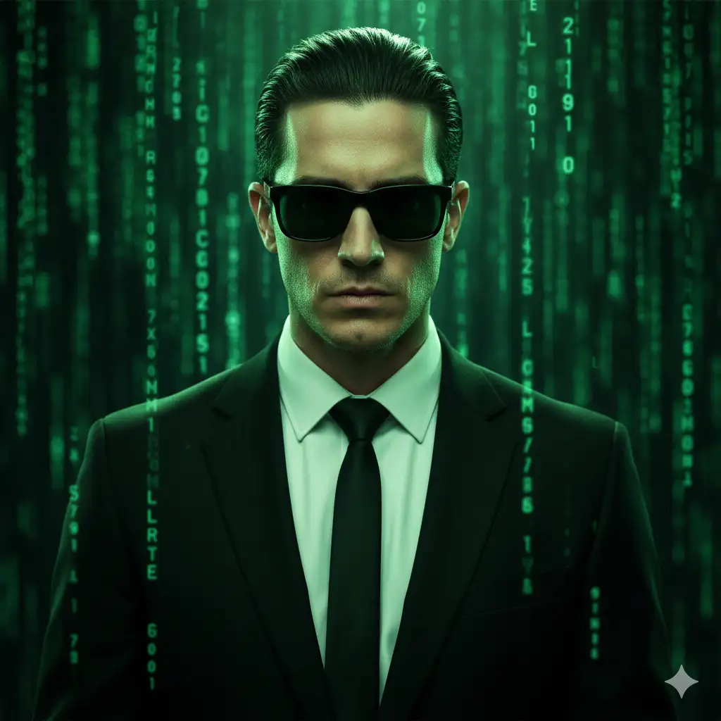 A photorealistic portrait of a confident man (use the uploaded picture as reference for the face) wearing a black suit, white shirt, and black tie, standing against a background of glowing green digital code inspired by The Matrix. He has slicked-back hair, wears black sunglasses, and has a serious, stoic expression. The lighting is dramatic and cinematic, with realistic green reflections on his face and suit. The scene feels futuristic, mysterious, and high-tech, with detailed textures, depth of field, and realistic shadows. Ultra-realistic, 8K, sharp focus, cinematic lighting, hyper-detailed skin and fabric.