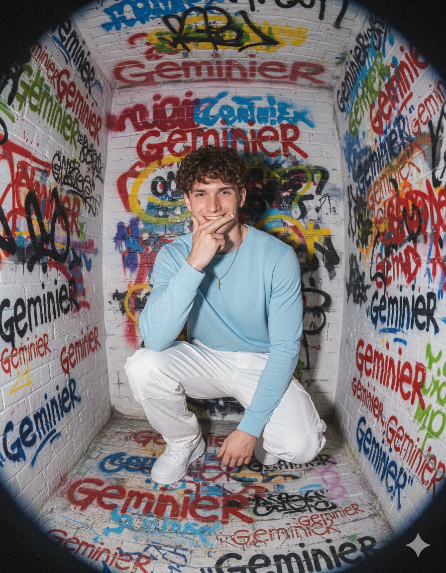 Vertical portrait ratio 9:16, ultra-realistic with low-resolution old-school phone camera effects. A 22-year-old man, based precisely on the uploaded photo (preserve exact facial features, skin tone, and hairstyle), with smooth fair skin and natural look.
He wears a contemporary OOTD: light blue top, white cargo pants, and thick white sneakers.
Pose: two fingers covering mouth. Kneeling. Natural confident facial expression, eyes focused on the camera, cheerful Gen Z vibe.
Background: photo box room with full 3D motif, colorful street art graffiti with abstract writing in punk graffiti style "Geminier " against a white brick wall.
Captured from the upper front corner with a wide-angle lens effect, creating a curved and enclosed space feel. Photo quality should mimic old Android front camera at 2MP resolution: coarse grains, strong digital noise, excess highlights, slightly faded colors, and overexposed patches for a raw amateur aesthetic.